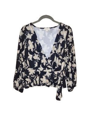 MERAKI FAUX WRAP PEPLUM SIDE TIE TOP BLOUSE BLACK FLORAL LARGE EUC